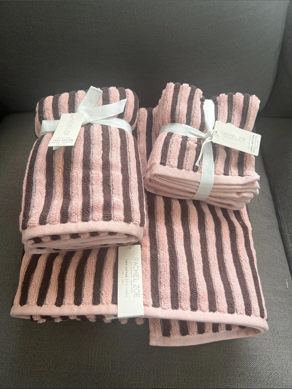8 pc Rachel Zoe Rainbow Bath towel Set Stripe Cotton Hand Towels pink